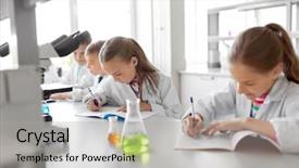  Presentation with art stem education science technology - Beautiful presentation design featuring laboratory and writing to workbook backdrop and a  colored foreground