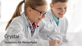  Presentation with children education - Audience pleasing slide set consisting of laboratory and writing to workbook backdrop and a light gray colored foreground