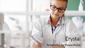  Presentation with children education - Audience pleasing presentation theme consisting of laboratory and writing to workbook backdrop and a light gray colored foreground