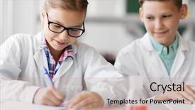  Presentation with backgound of education children art cryst - Beautiful slide deck featuring laboratory and writing to workbook backdrop and a coral colored foreground