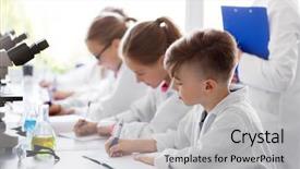  Presentation with children education - PPT theme consisting of laboratory and writing to workbook background and a light gray colored foreground