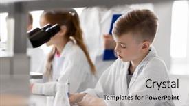  Presentation with children education - Presentation design having laboratory and writing to workbook background and a light gray colored foreground
