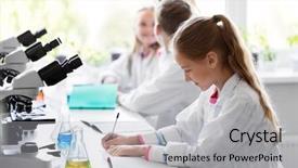  Presentation with children education - Audience pleasing presentation consisting of laboratory and writing to workbook backdrop and a light gray colored foreground