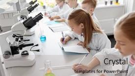  Presentation with children education - Colorful theme enhanced with laboratory and writing to workbook backdrop and a light gray colored foreground