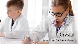  Presentation with education children technology science - Presentation theme featuring laboratory and writing to workbook background and a light gray colored foreground
