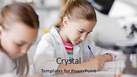  Presentation with children education - Audience pleasing PPT theme consisting of laboratory and writing to workbook backdrop and a coral colored foreground