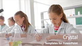  Presentation with children education - Audience pleasing presentation consisting of laboratory and writing to workbook backdrop and a coral colored foreground