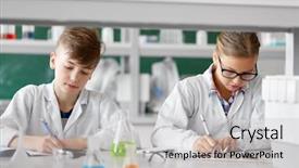  Presentation with education children technology science - Presentation enhanced with laboratory and writing to workbook background and a light gray colored foreground