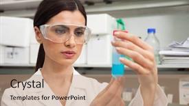  Presentation with lab - PPT layouts featuring laboratory chemistry - woman doing experiments background and a coral colored foreground