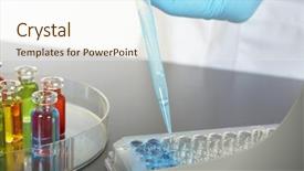  Presentation with test tubes - Colorful PPT layouts enhanced with laboratory colorful test tubes pipette with blue fluid over test tray science experiment backdrop and a cream colored foreground