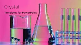  Presentation with glassware - Audience pleasing presentation design consisting of laboratory glassware on reflective table over colorful background backdrop and a coral colored foreground