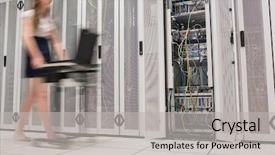  Presentation with servers - PPT theme enhanced with laboratory information system - woman pushing computer through data background and a light gray colored foreground