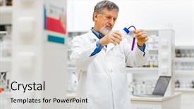  Presentation with scientific research - Presentation theme featuring laboratory liquid - senior male researcher carrying background and a light gray colored foreground