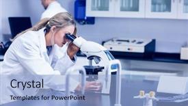  Presentation with microscope - Audience pleasing PPT theme consisting of laboratory medicin - science student looking through microscope backdrop and a light blue colored foreground