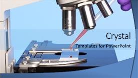  Presentation with sample - Slides featuring laboratory microscope with a blood background and a light blue colored foreground