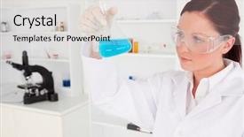  Presentation with scientist - Cool new slide deck with laboratory research - cute female scientist looking backdrop and a light gray colored foreground