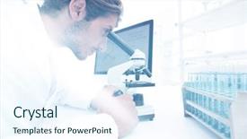  Presentation with laboratory bacteri - PPT theme consisting of laboratory scientist looking at microscope background and a sky blue colored foreground