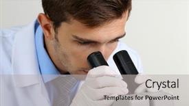  Presentation with pathology laboratory - Cool new slide deck with laboratory scientist looking at microscope backdrop and a light gray colored foreground