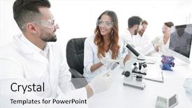  Presentation with investigation - Slide set having laboratory staff in the workplace background and a  colored foreground