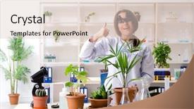  Presentation with biotechnology lab - Colorful presentation design enhanced with laboratory tree - young beautiful biotechnology chemist working backdrop and a lemonade colored foreground