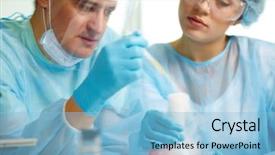  Presentation with chemical experiment - Cool new presentation theme with laboratory worker is about to inject fluid into chemical substance during experiment backdrop and a light blue colored foreground