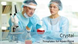  Presentation with chemical experiment - Presentation having laboratory worker is about to inject fluid into smoky chemical substance during experiment background and a light blue colored foreground