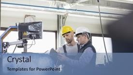  Presentation with machinery - Colorful slide deck enhanced with labour management - male manual workers operating machinery backdrop and a teal colored foreground