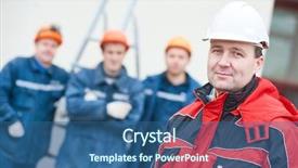  Presentation with foreman - Audience pleasing PPT theme consisting of labour management - team of construction workers technicians backdrop and a ocean colored foreground