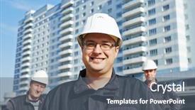  Presentation with building team - Presentation theme having labour management - team of smiling foreman builders background and a gray colored foreground