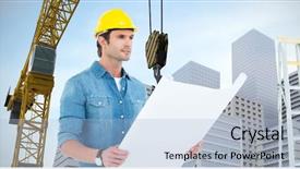  Presentation with health insurance plans - Amazing PPT theme having labourer with plans watching ahead backdrop and a light blue colored foreground