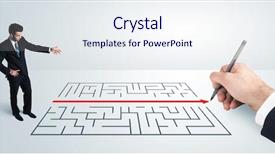  Presentation with solution - Slide set enhanced with labyrinth red - business man looking at hand background and a sky blue colored foreground