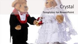  Presentation with church altar - Presentation theme with stuffed bride and groom bears standing together as if at the church altar isolated on white background and a lemonade colored foreground