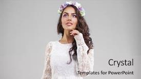  Presentation with arabic woman - Beautiful slides featuring close up face young arabic woman in white sexy dress isolated on gray background backdrop and a light gray colored foreground