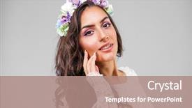  Presentation with arabic woman - Colorful PPT theme enhanced with close up face young arabic woman in white sexy dress isolated on gray background backdrop and a coral colored foreground