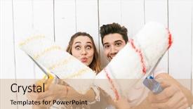  Presentation with women making - Amazing slide deck having ladder men women - image of young couple man backdrop and a  colored foreground