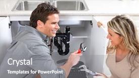  Presentation with plumber - Colorful slide deck enhanced with ladder men women - young plumber fixing a sink backdrop and a gray colored foreground