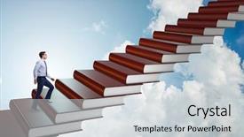  Presentation with climbing - Audience pleasing slide set consisting of ladder of education books backdrop and a light gray colored foreground