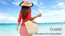  Presentation with beach bag - Beautiful slides featuring ladies bags - woman tourist walking on tropical backdrop and a cool aqua colored foreground