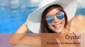  Presentation with girl model - PPT theme featuring ladies hats - summer bikini girl smiling background and a coral colored foreground