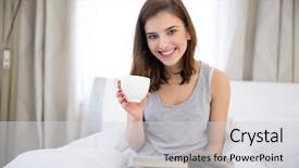  Presentation with coffee book - Colorful slide deck enhanced with ladies tea - young woman sitting backdrop and a light gray colored foreground