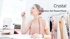  Presentation with patterns - PPT theme having ladies textiles factory - happy inspired young woman seamstress background and a  colored foreground
