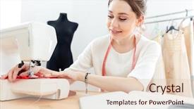  Presentation with machine - Colorful theme enhanced with ladies textiles factory - smiling beautiful young woman seamstress backdrop and a lemonade colored foreground