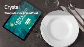  Presentation with online food order - Presentation design having ladin - tablet with online order concept background and a  colored foreground