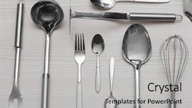  Presentation with cooking equipment kitchen utensils - PPT theme enhanced with ladle - set of metal kitchen utensils background and a light gray colored foreground