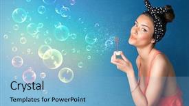  Presentation with football blue colors - PPT theme enhanced with lady blowing big colorful bubbles background and a light blue colored foreground