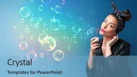  Presentation with football blue colors - Audience pleasing slide deck consisting of lady blowing big colorful bubbles backdrop and a light blue colored foreground