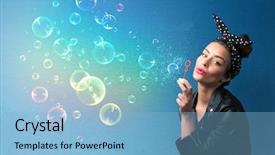  Presentation with lady - Cool new PPT theme with lady blowing big colorful bubbles backdrop and a light blue colored foreground