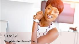  Presentation with desk - Cool new theme with lady computer - portrait of businesswoman working backdrop and a coral colored foreground