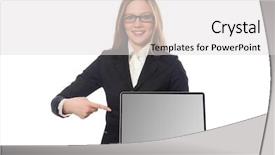  Presentation with employee anniversary work office - PPT theme consisting of lady computer - pretty office employee with laptop background and a light gray colored foreground