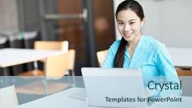 Presentation with college campus - Theme having lady computer - shot of an asian college background and a light blue colored foreground